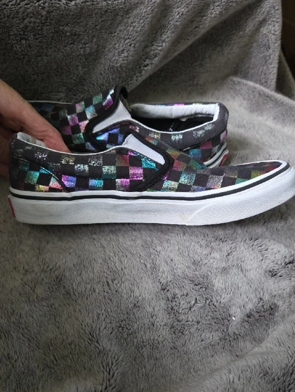 Vans Kids Size 2Y Slip-On Checkerboard Sneakers in Black with Iridescent Accents